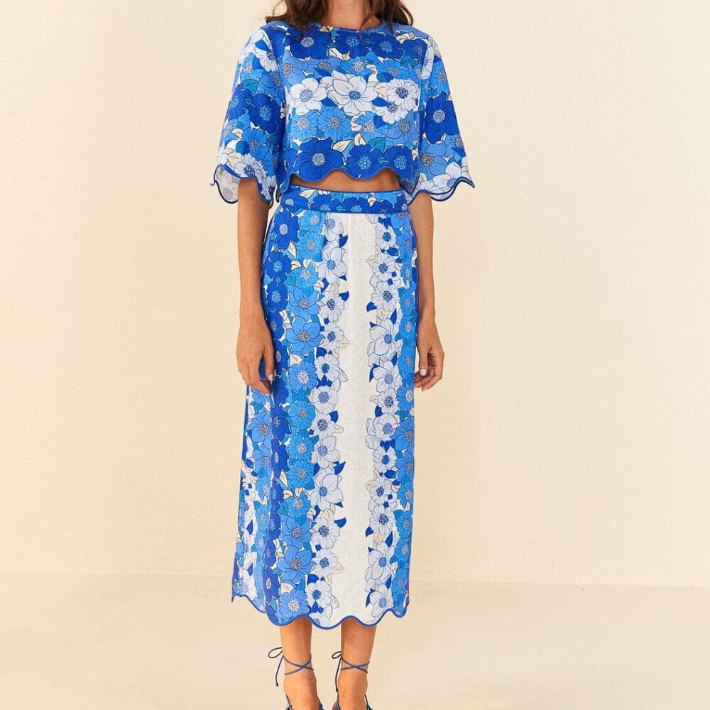 (New w/tags) FARM Rio Blue Flower Stripes Midi Skirt